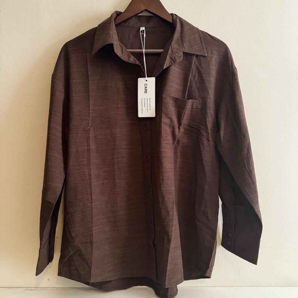 Chocolate Brown 100 Percent Cotton Button Down Shirt Long Sleeve Size S NWT